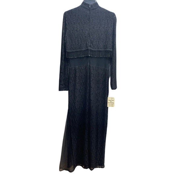 Vintage NWT Gloria Black Lace Beaded Fringe Sheer Torso Long Dress Sz XL - Picture 2 of 9